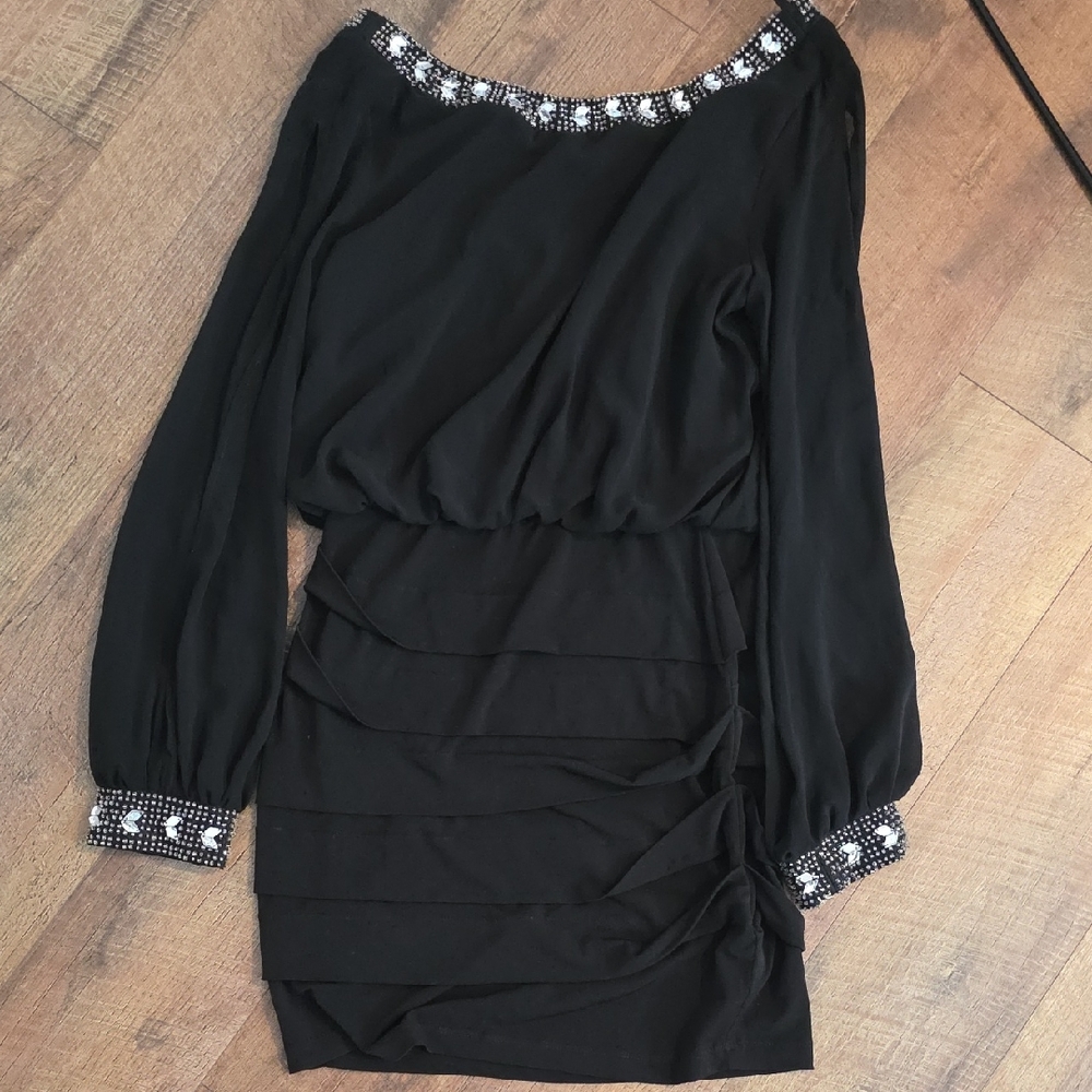 Jodi Kristopher Black Long Sleeve Dress with Embellished Neckline